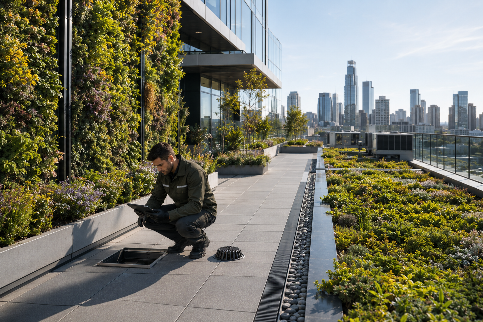 Living infrastructure technician inspecting an access hatch beside a vertical planting system.