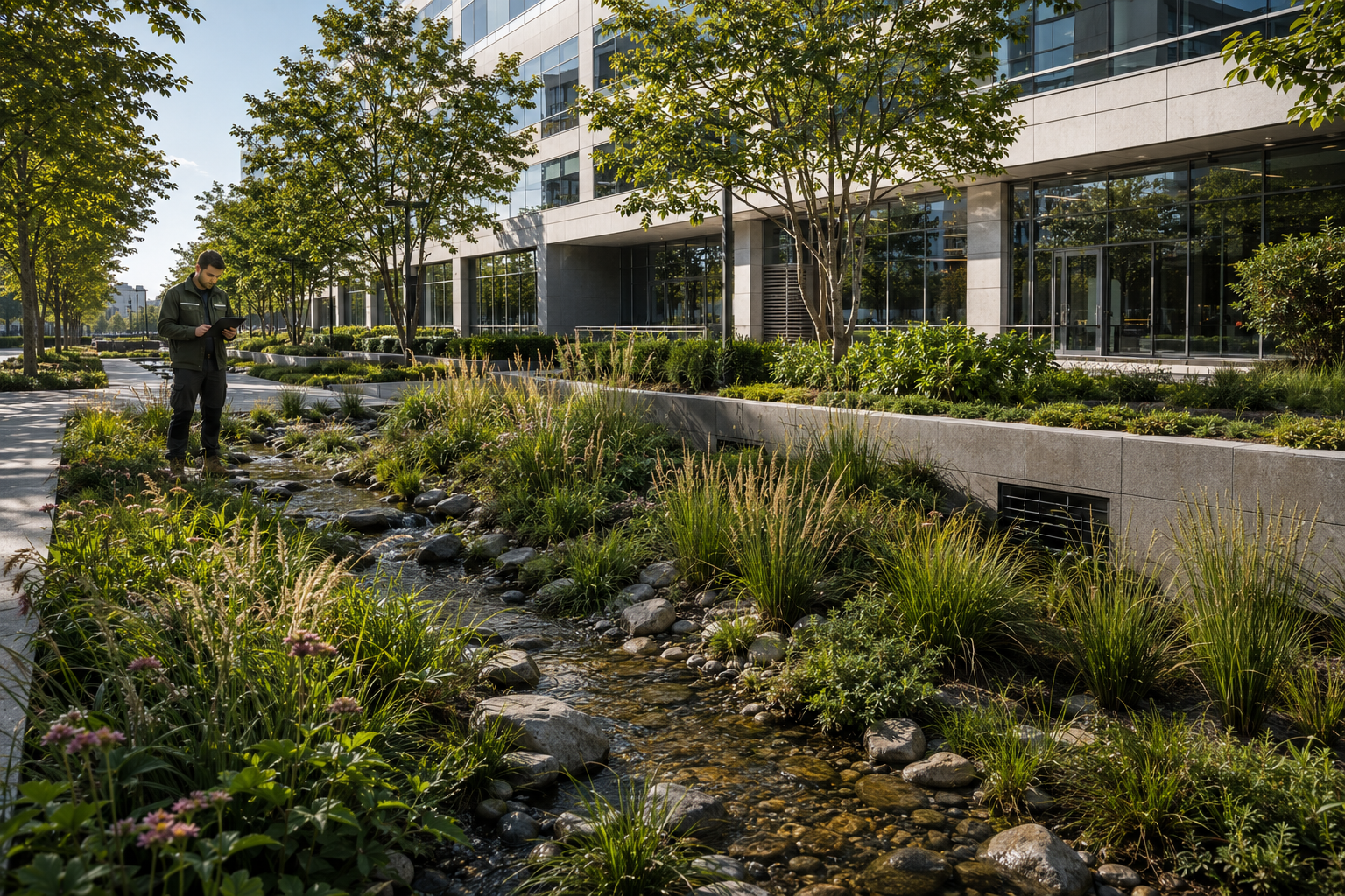 Technician reviewing a bioswale and stormwater planting zone with a field tablet.
