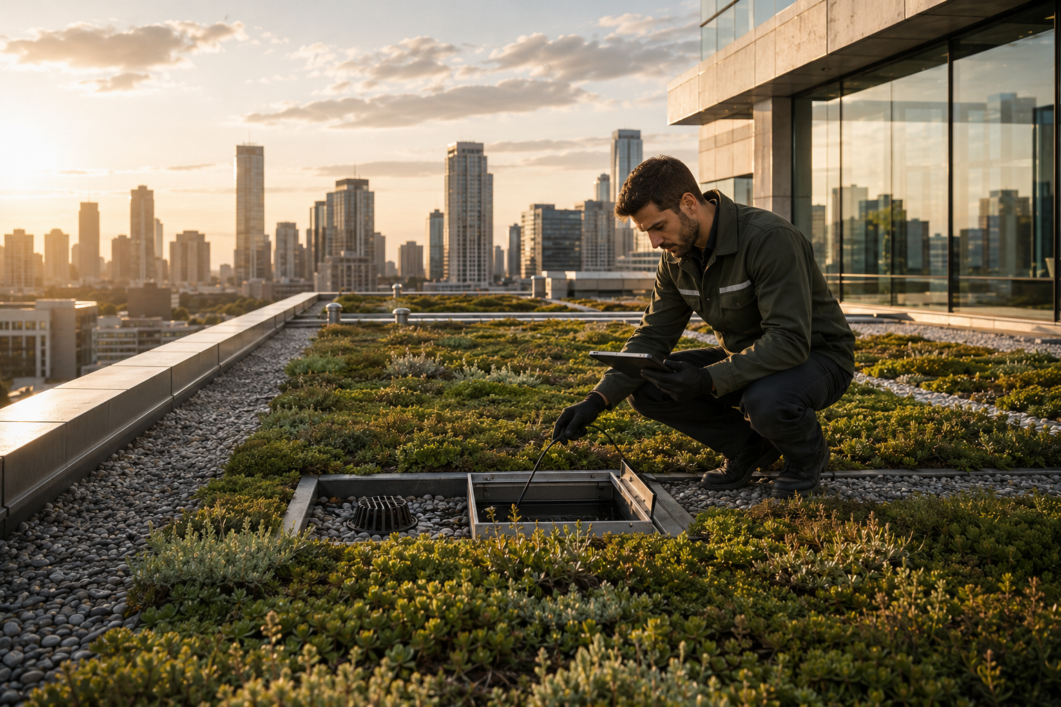 Technician inspecting an open access hatch on an extensive green roof above a city skyline.