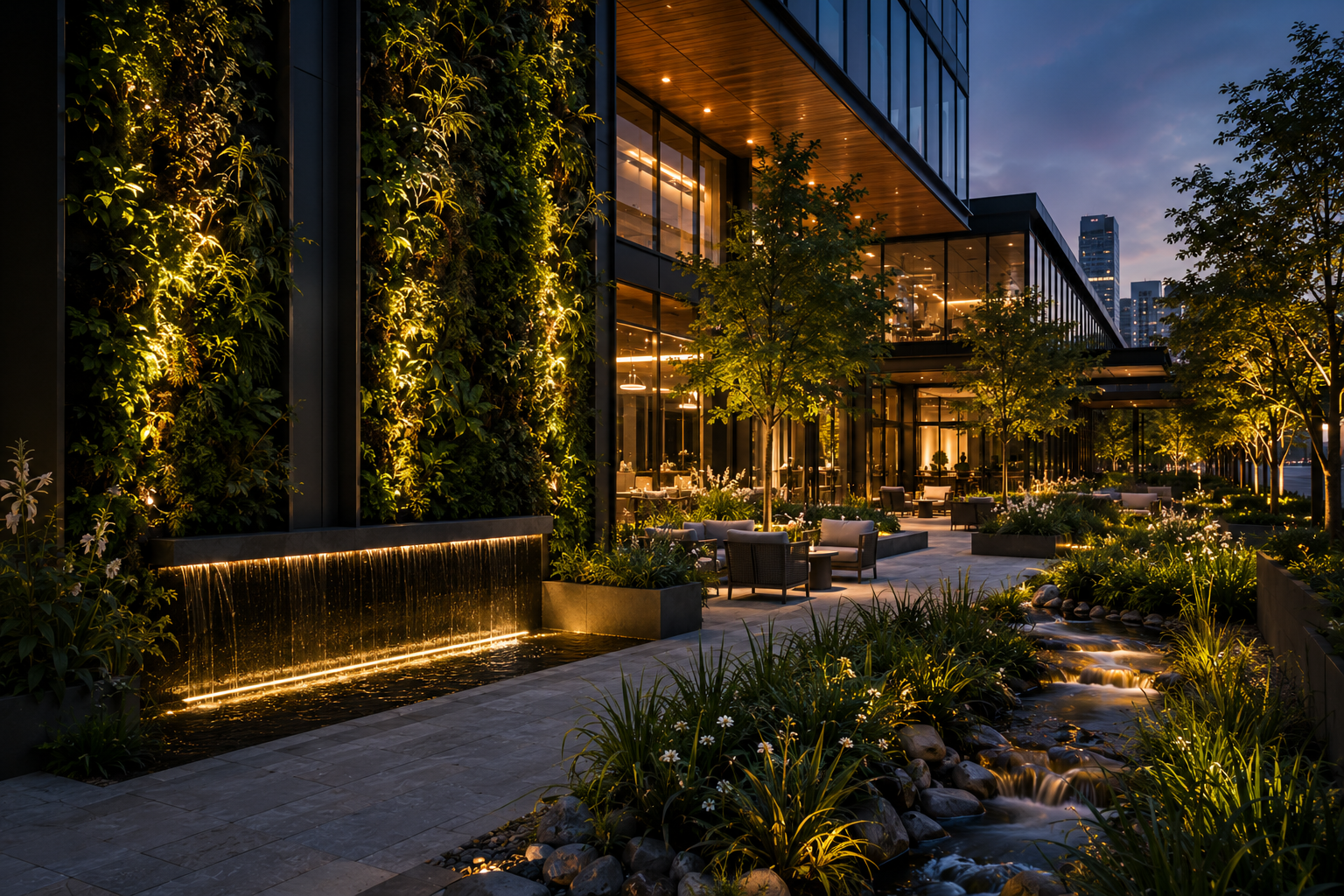 Illuminated living wall and bioswale stream beside a raised building deck at dusk.